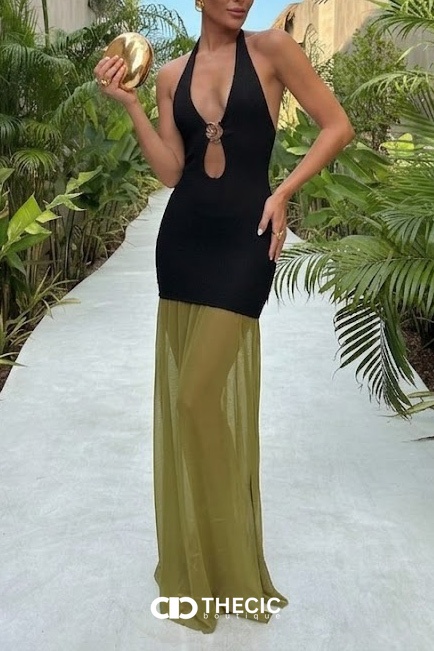 Two-Tone Ribbed Halter Keyhole Sheer Maxi Dress