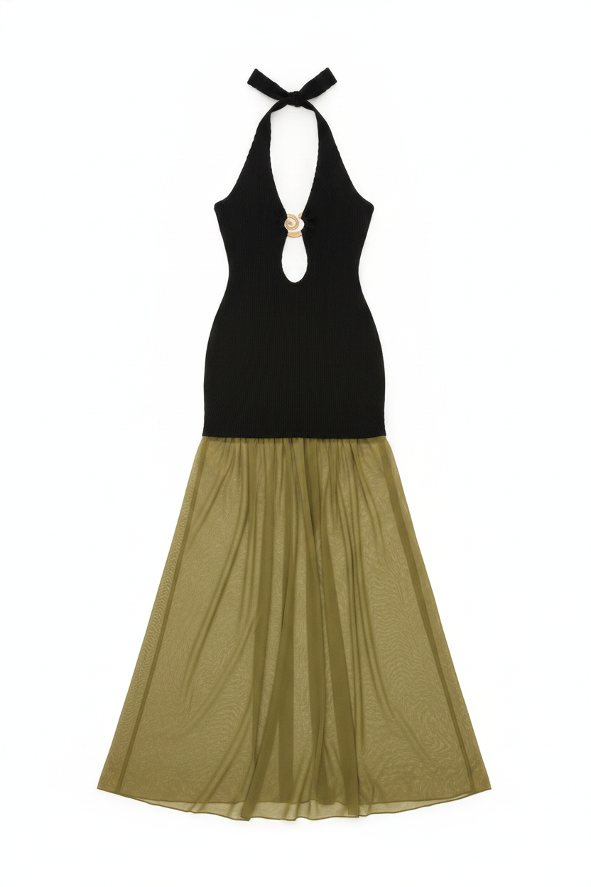 Two-Tone Ribbed Halter Keyhole Sheer Maxi Dress