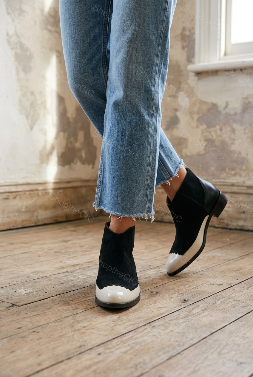 Two-Tone Scalloped Pointed-Toe Low Heel Ankle Boots
