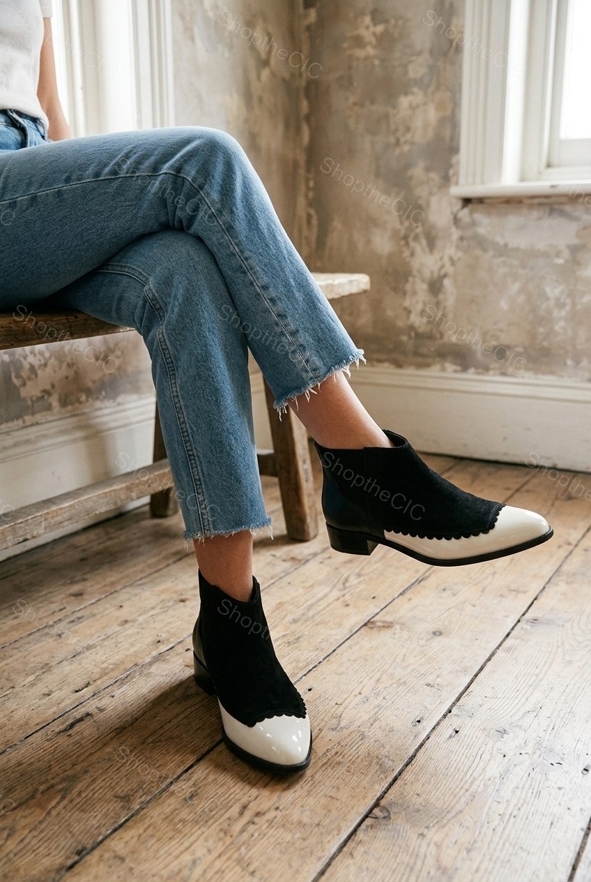 Two-Tone Scalloped Pointed-Toe Low Heel Ankle Boots