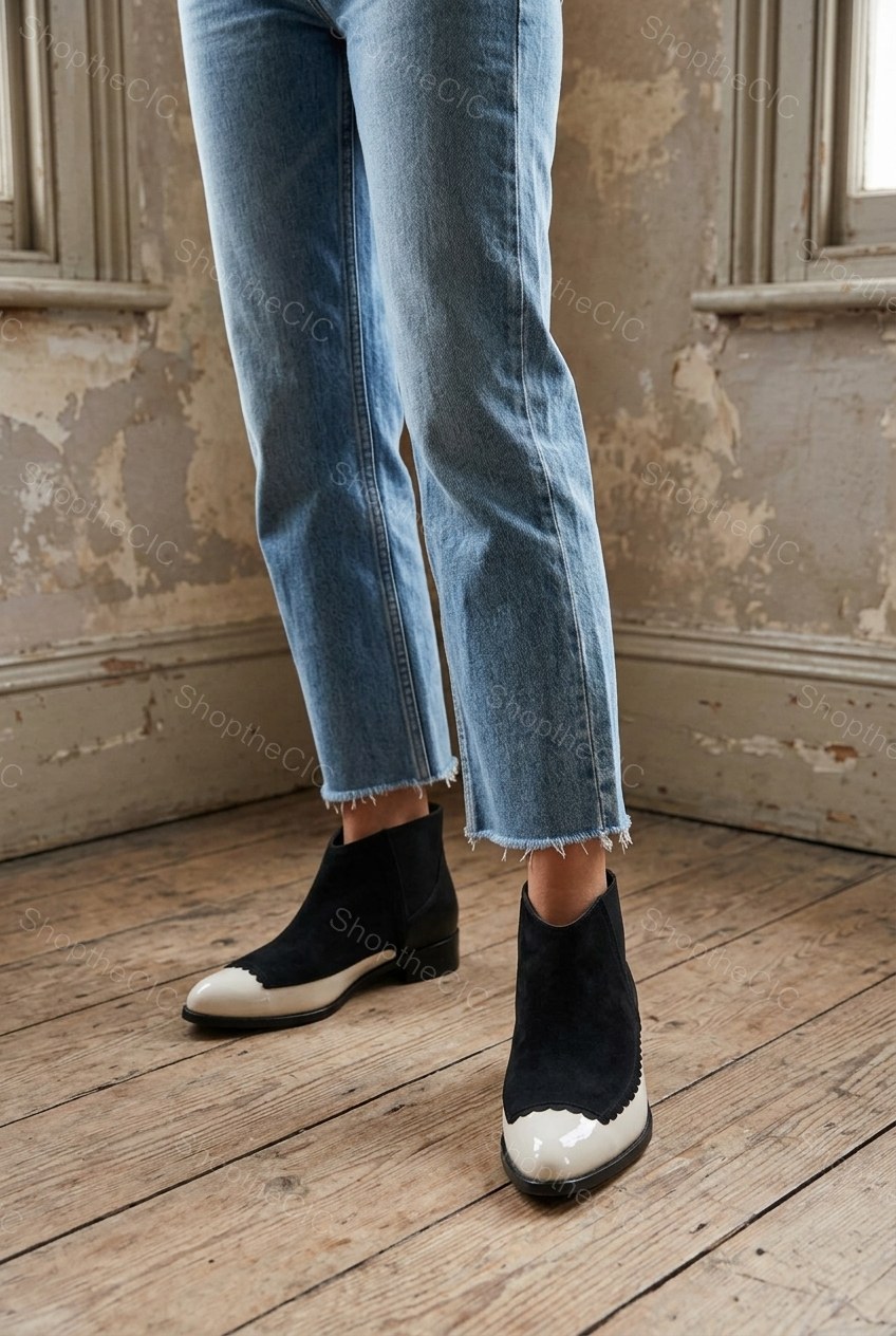 Two-Tone Scalloped Pointed-Toe Low Heel Ankle Boots