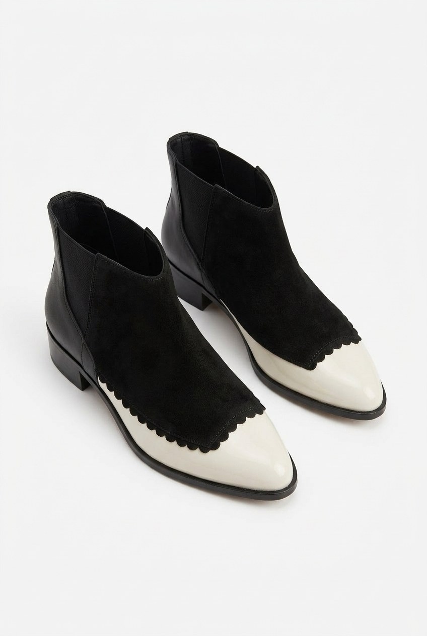 Two-Tone Scalloped Pointed-Toe Low Heel Ankle Boots