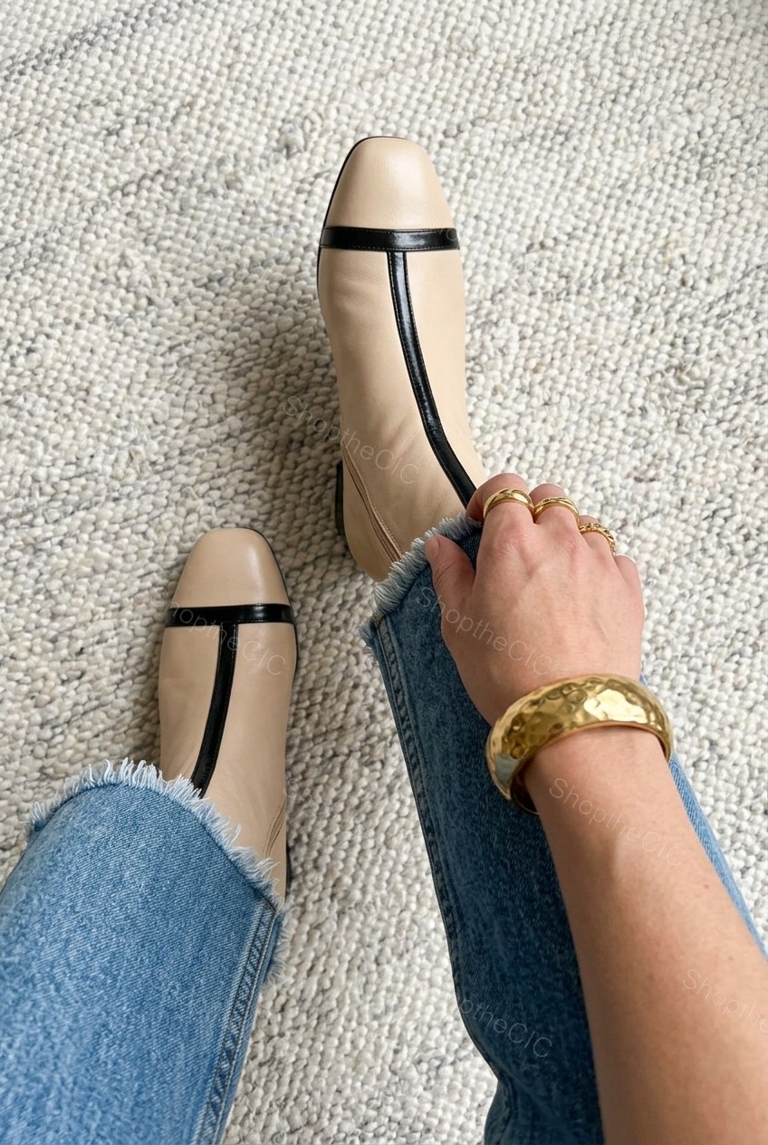 Two-Tone Square-Toe Block Heel Ankle Boots