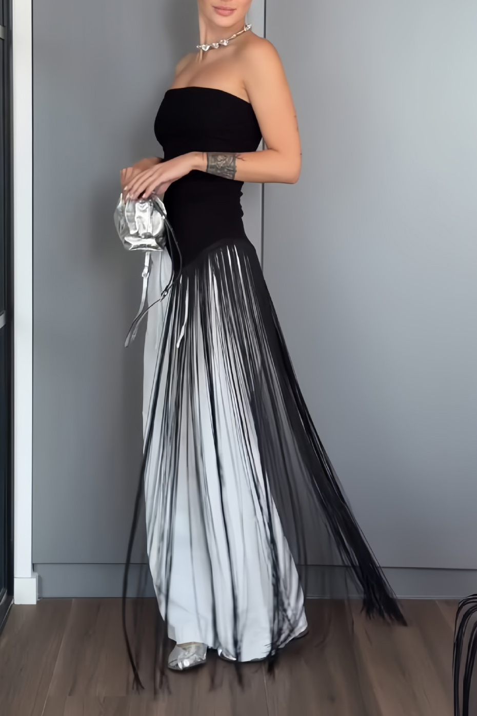 Two-Tone Strapless Fringe Maxi Gown