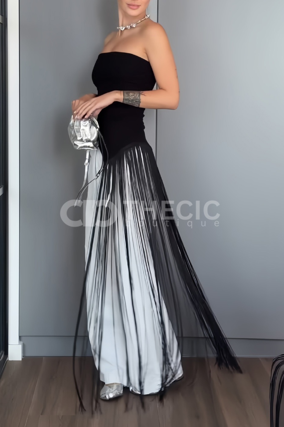 Two-Tone Strapless Fringe Maxi Gown