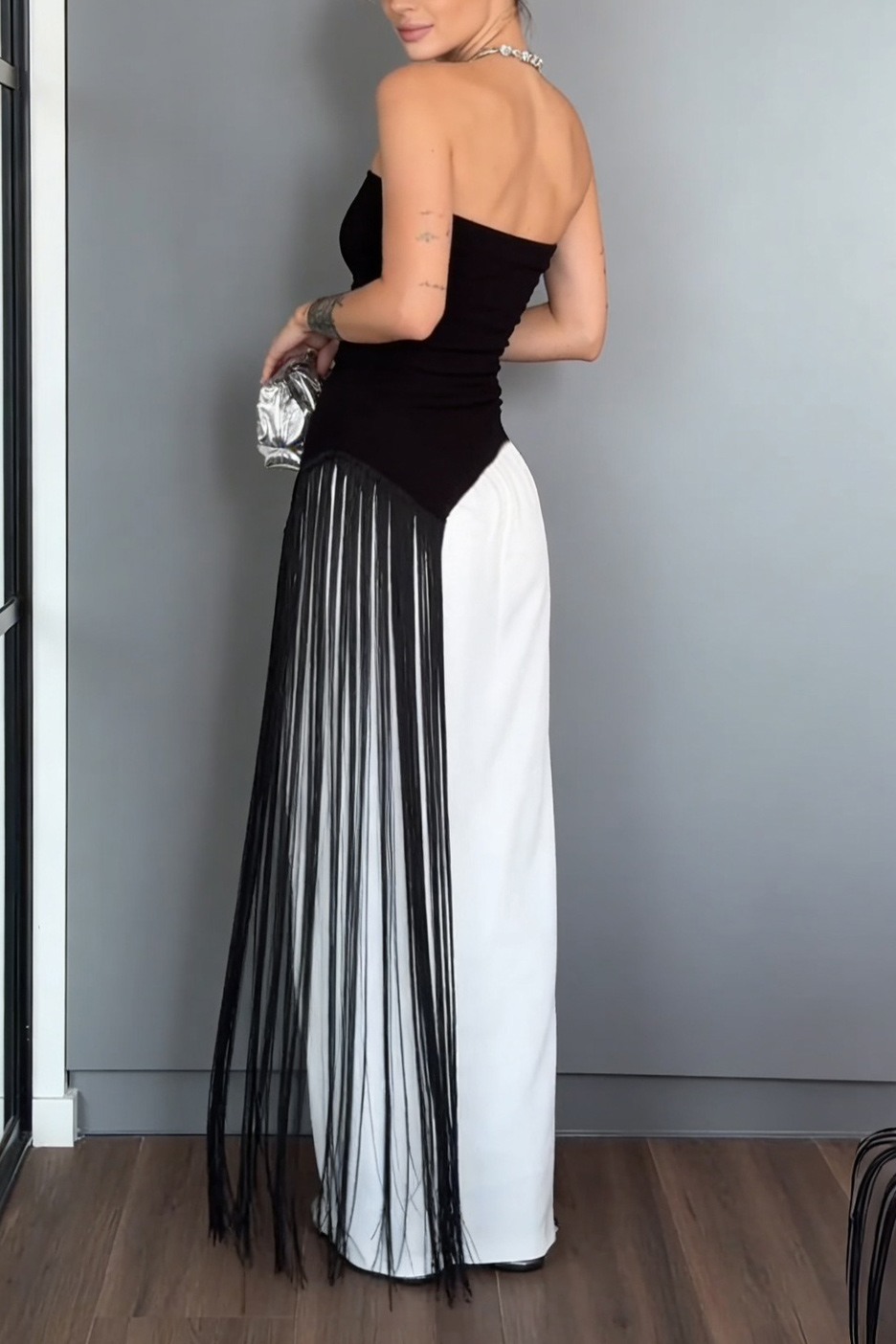 Two-Tone Strapless Fringe Maxi Gown