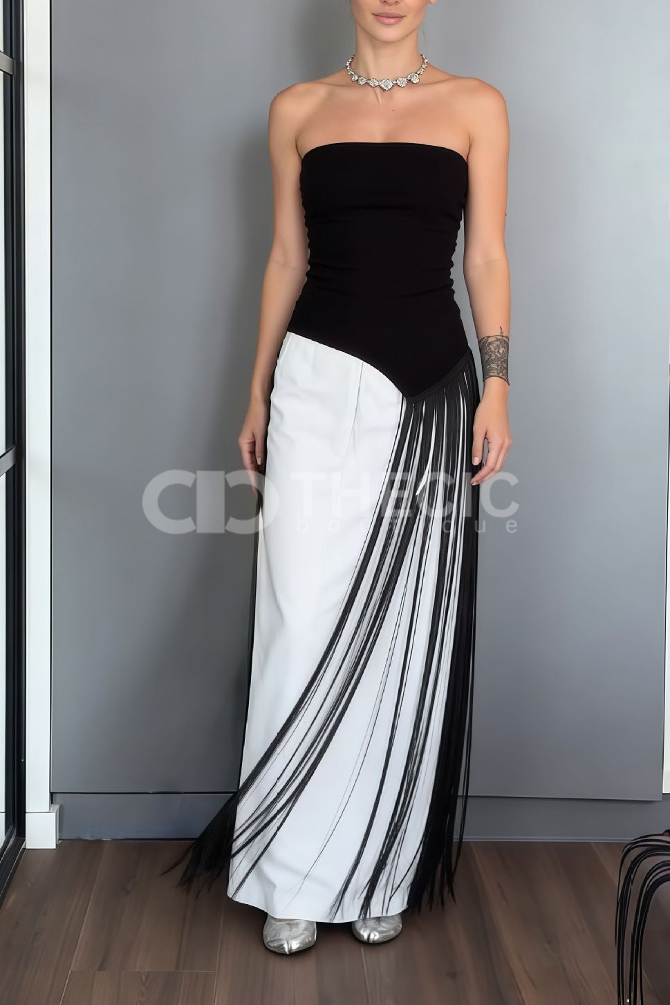 Two-Tone Strapless Fringe Maxi Gown