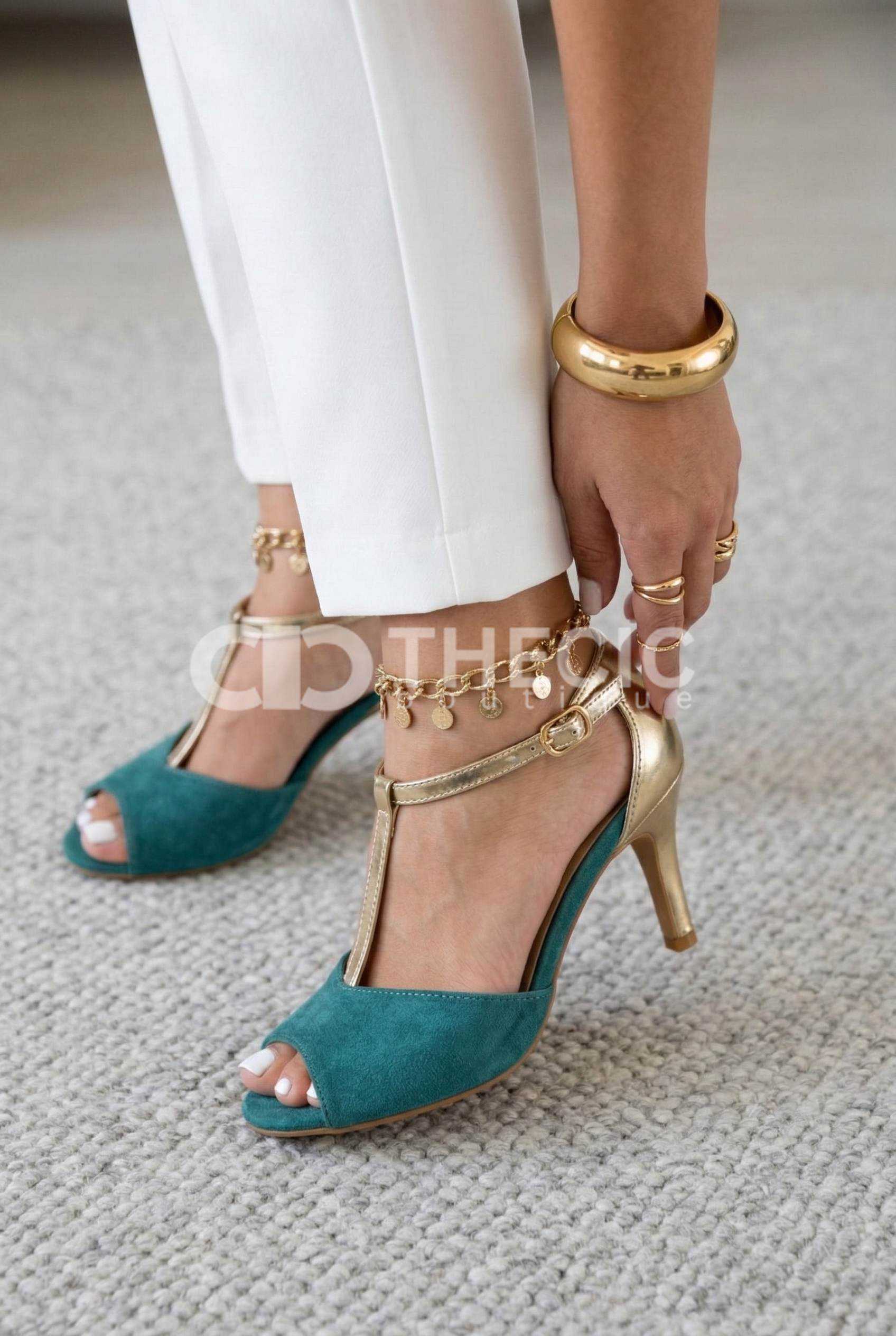 Two-Tone Suede Metallic T-Strap Open-Toe Stiletto Heels