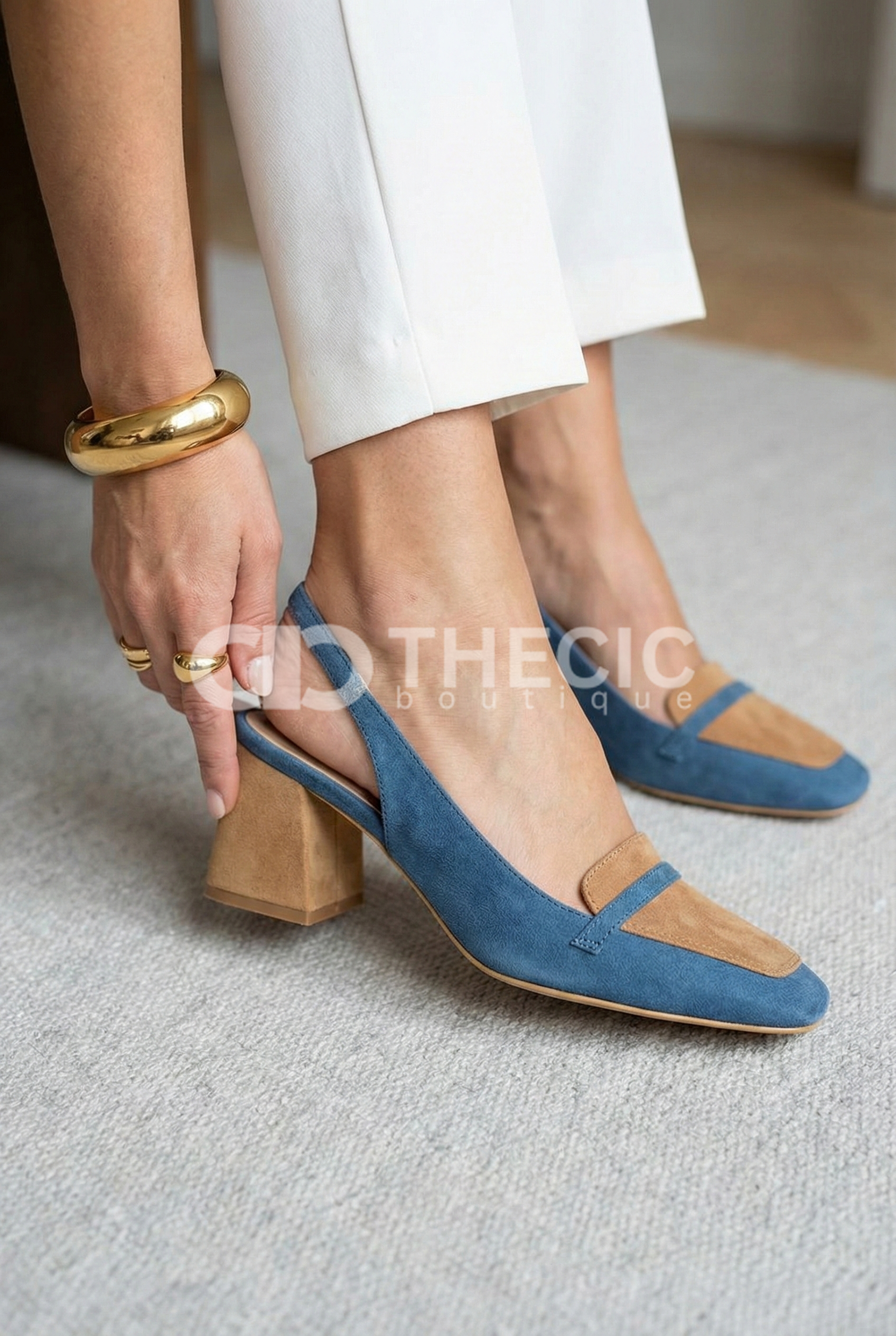 Two-Tone Suede Square-Toe Block Heel Slingback Pumps