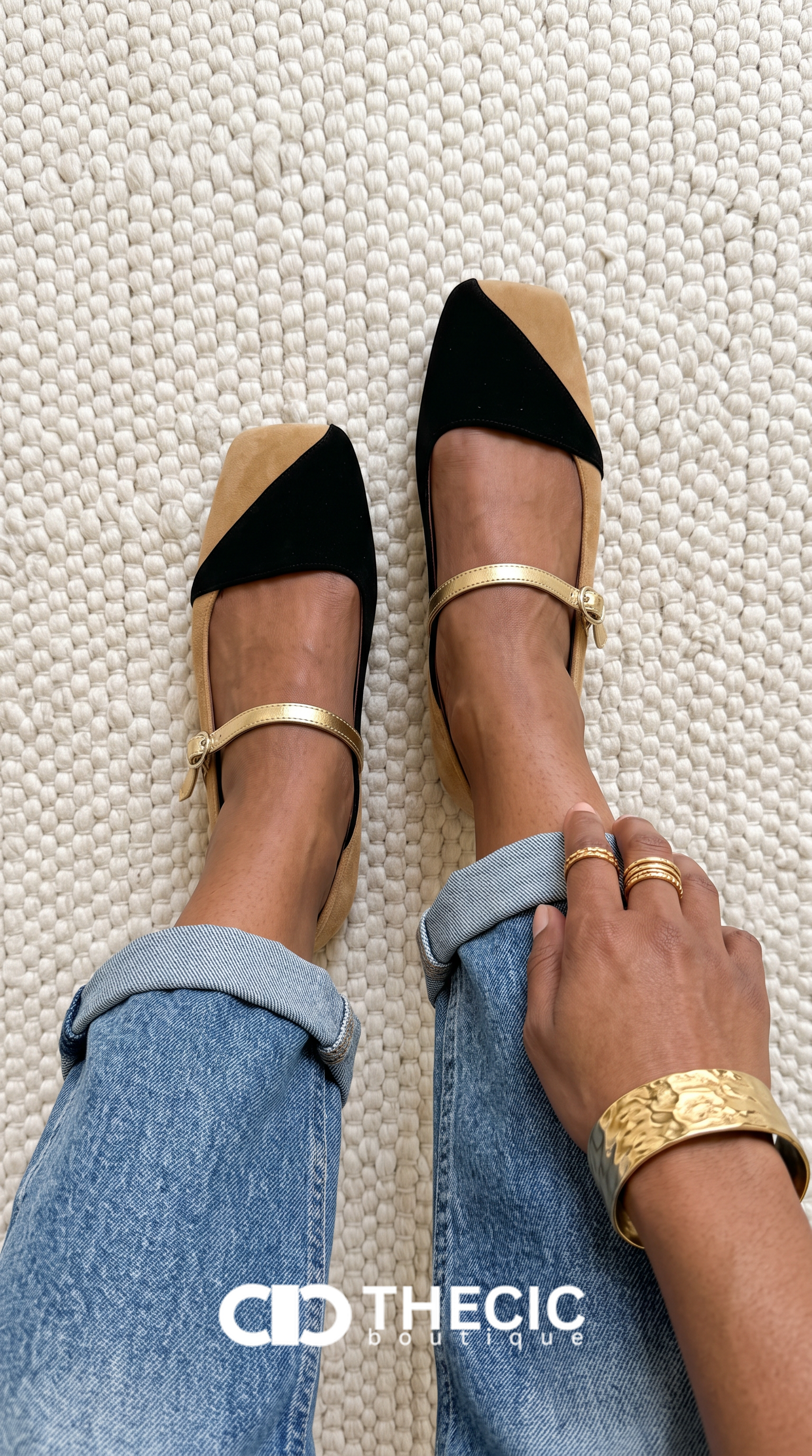 Two-Tone Suede Square-Toe Gold Strap Mary Jane Flats