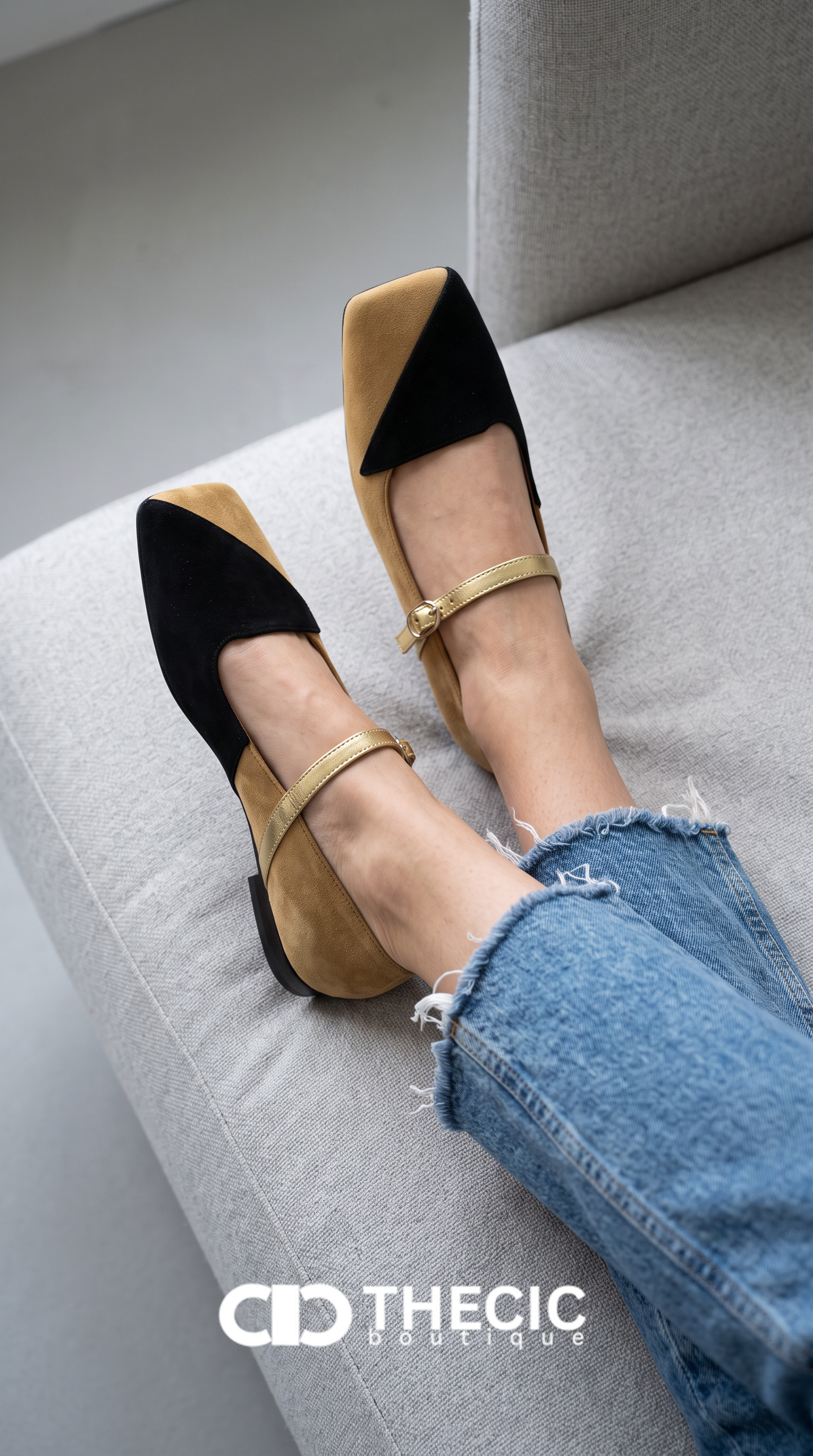 Two-Tone Suede Square-Toe Gold Strap Mary Jane Flats