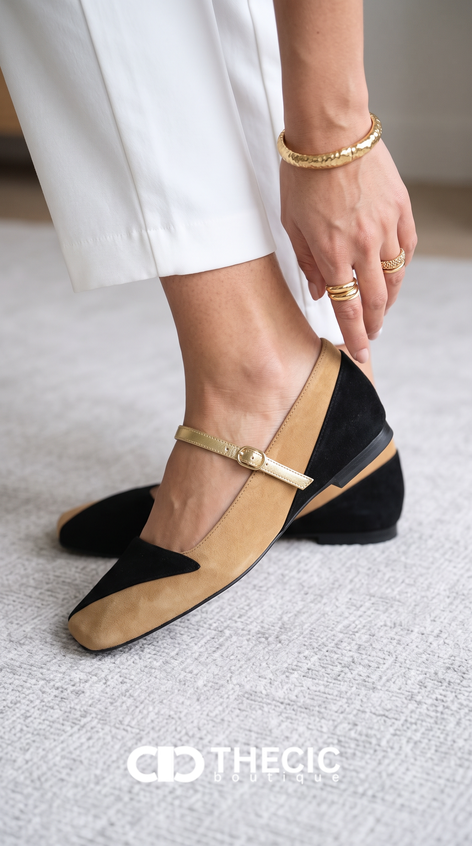 Two-Tone Suede Square-Toe Gold Strap Mary Jane Flats