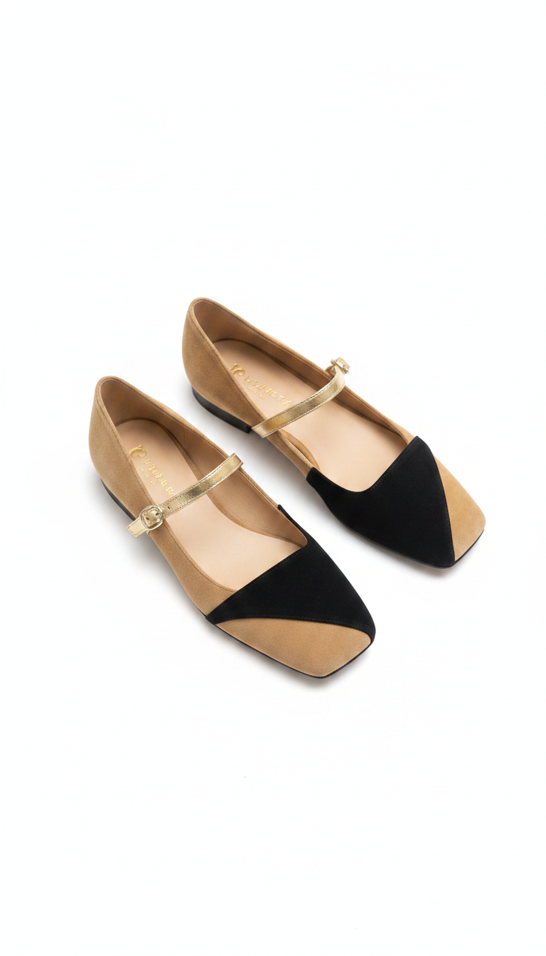 Two-Tone Suede Square-Toe Gold Strap Mary Jane Flats