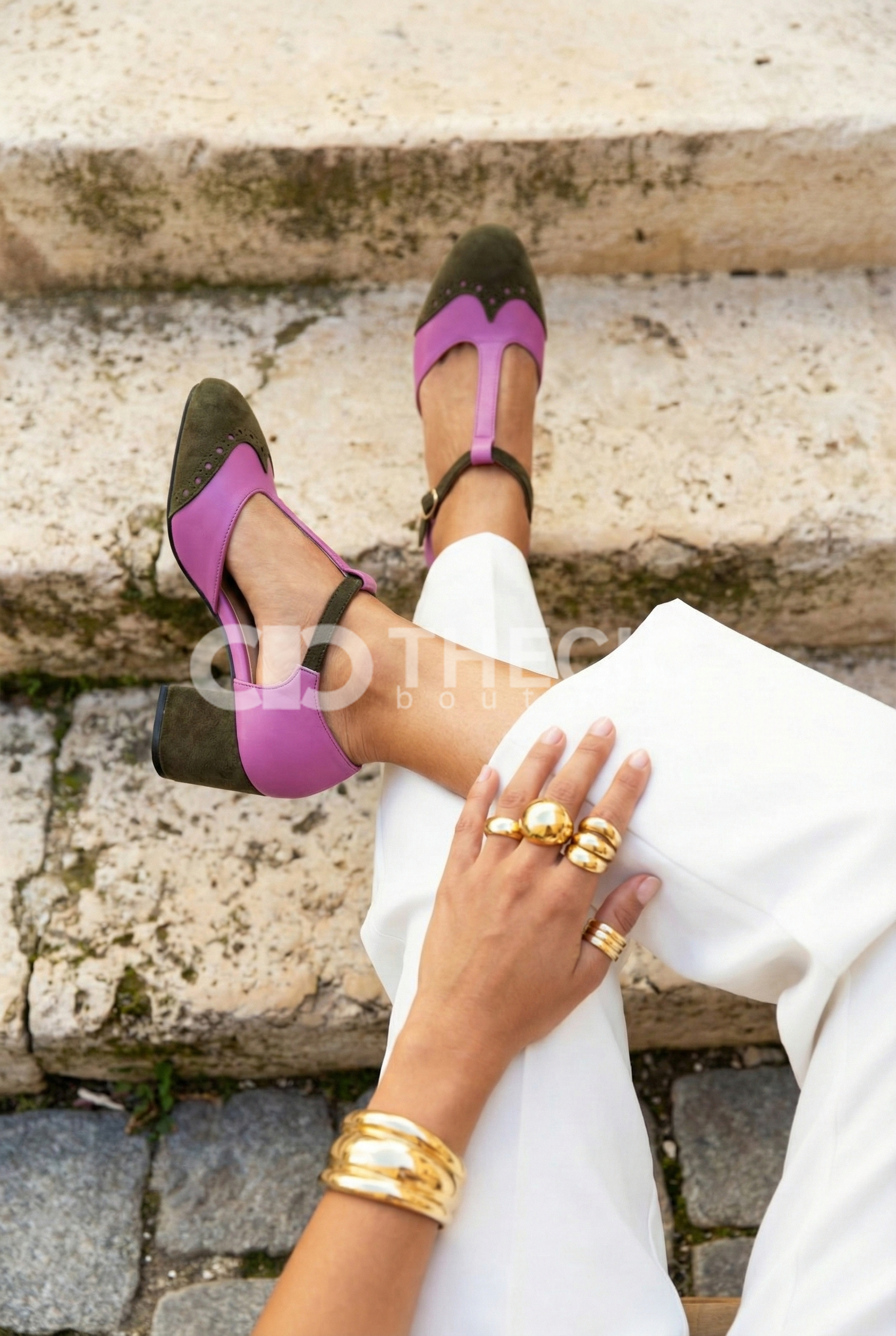 Two-Tone T-Strap Block Heel Mary Jane Pumps