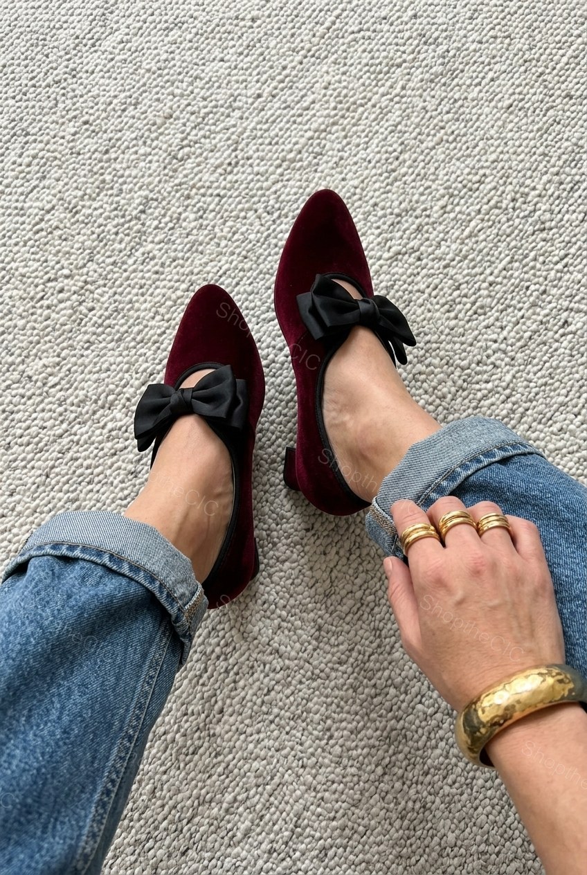 Velvet Bow Pointed-Toe Kitten Heel Pumps