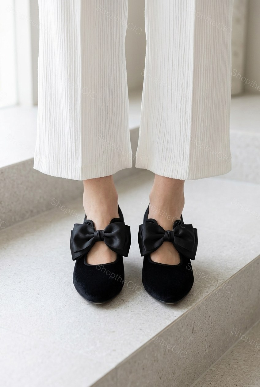 Velvet Bow Pointed-Toe Kitten Heel Pumps