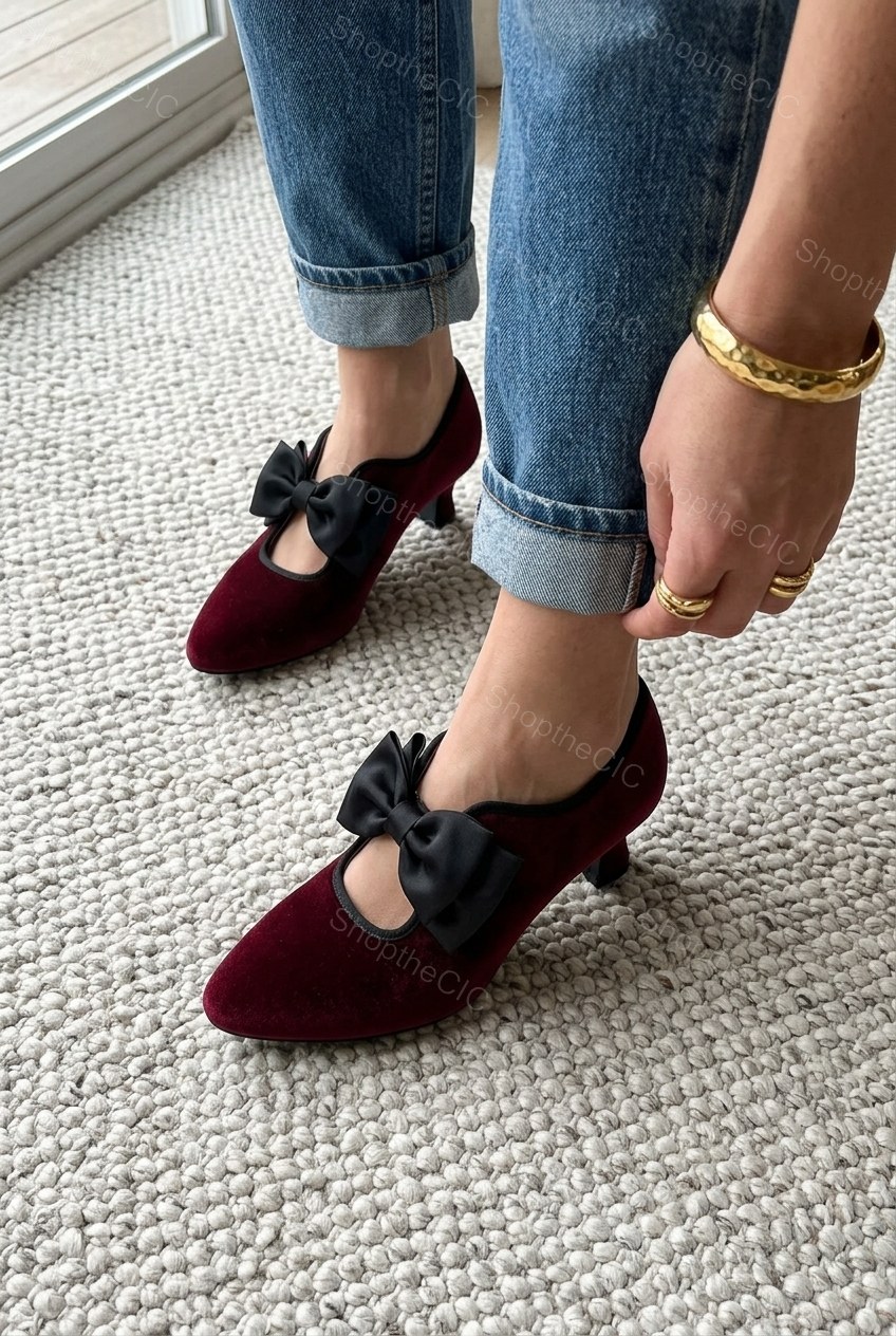 Velvet Bow Pointed-Toe Kitten Heel Pumps