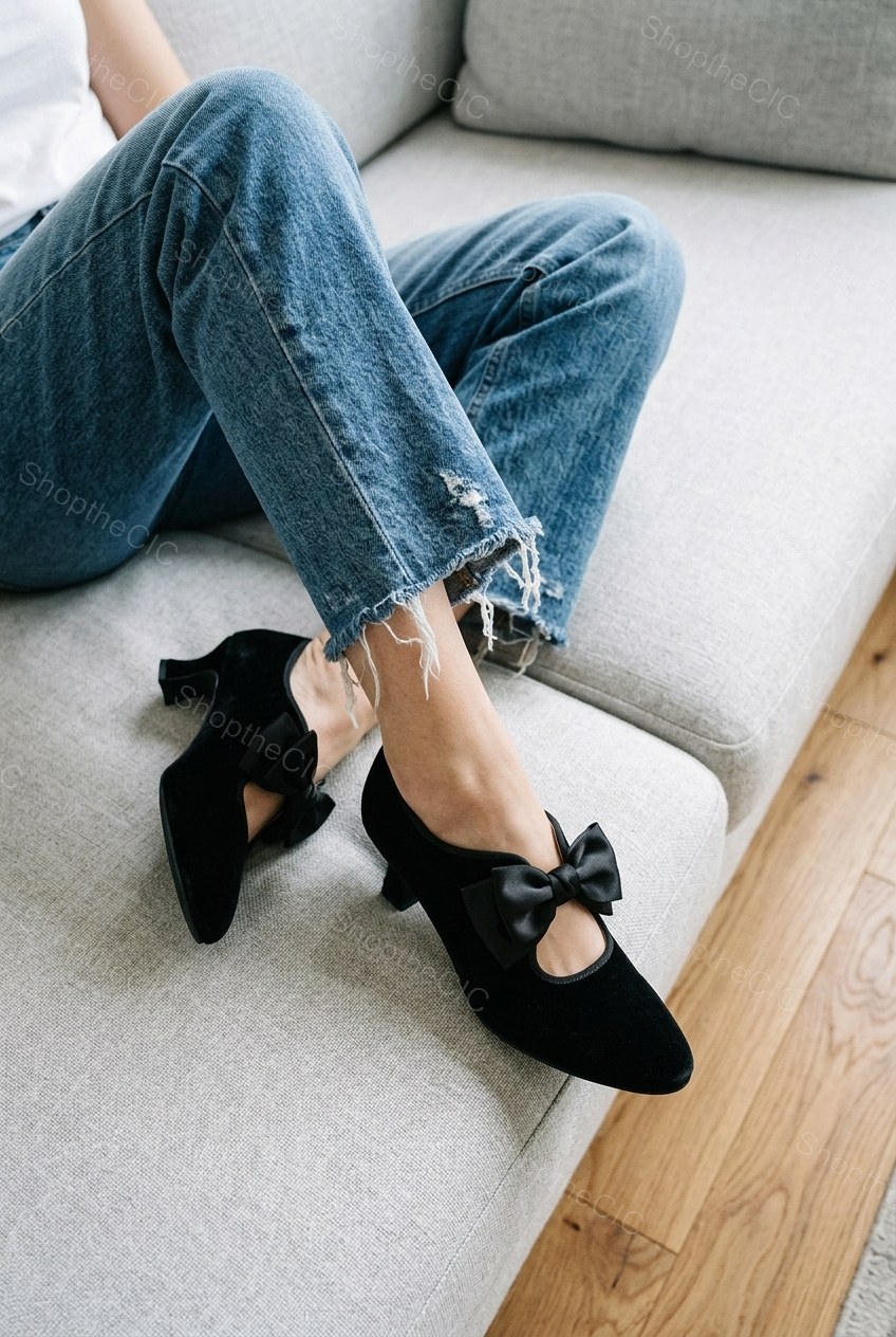 Velvet Bow Pointed-Toe Kitten Heel Pumps