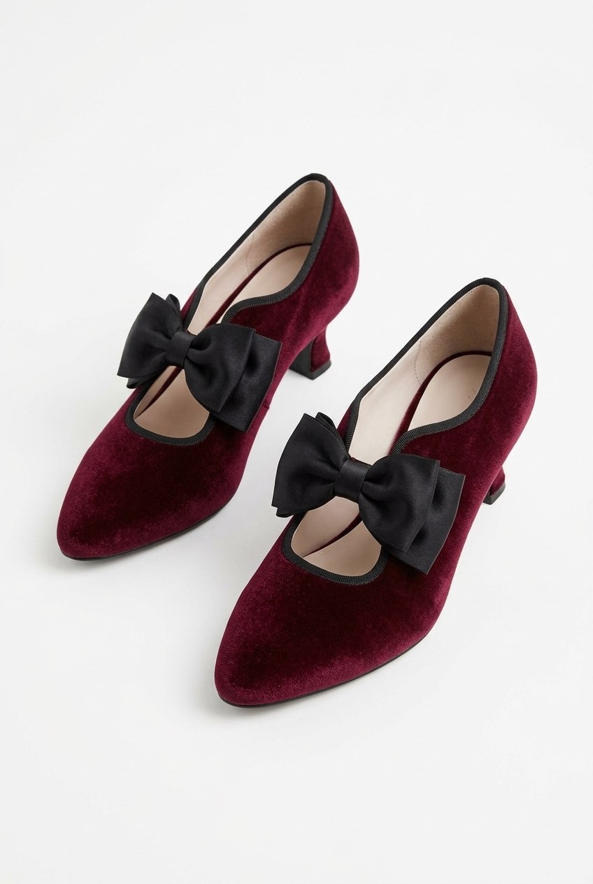 Velvet Bow Pointed-Toe Kitten Heel Pumps