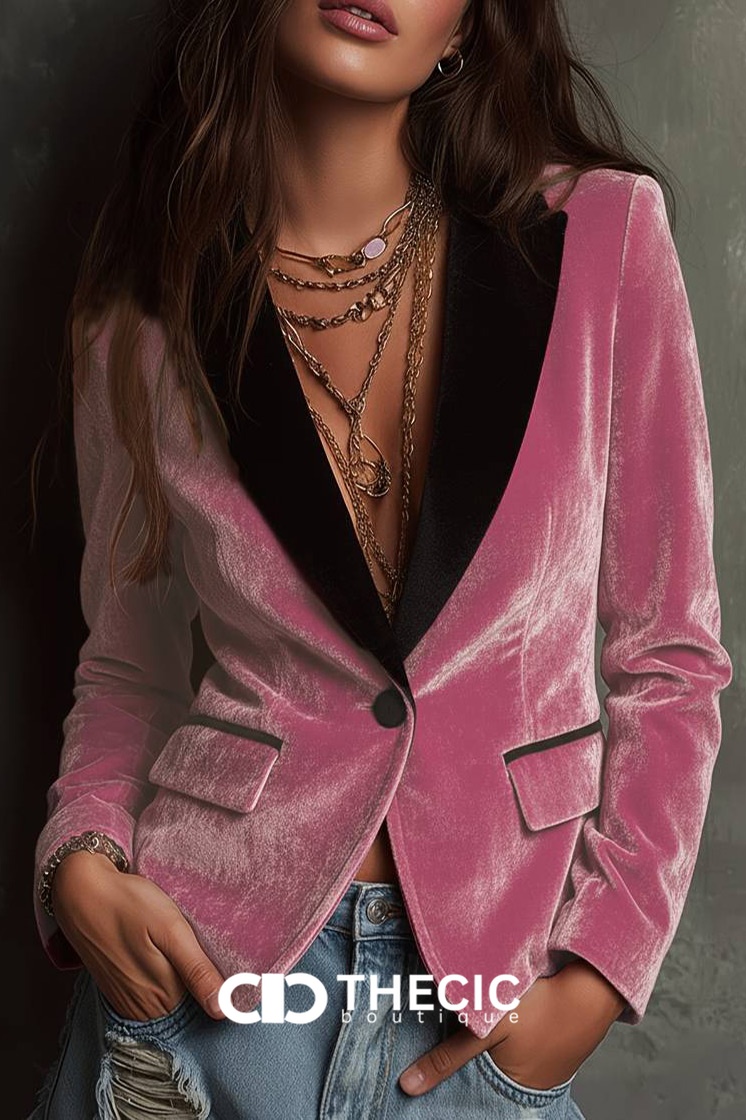 Velvet Contrast Lapel Single-Button Blazer