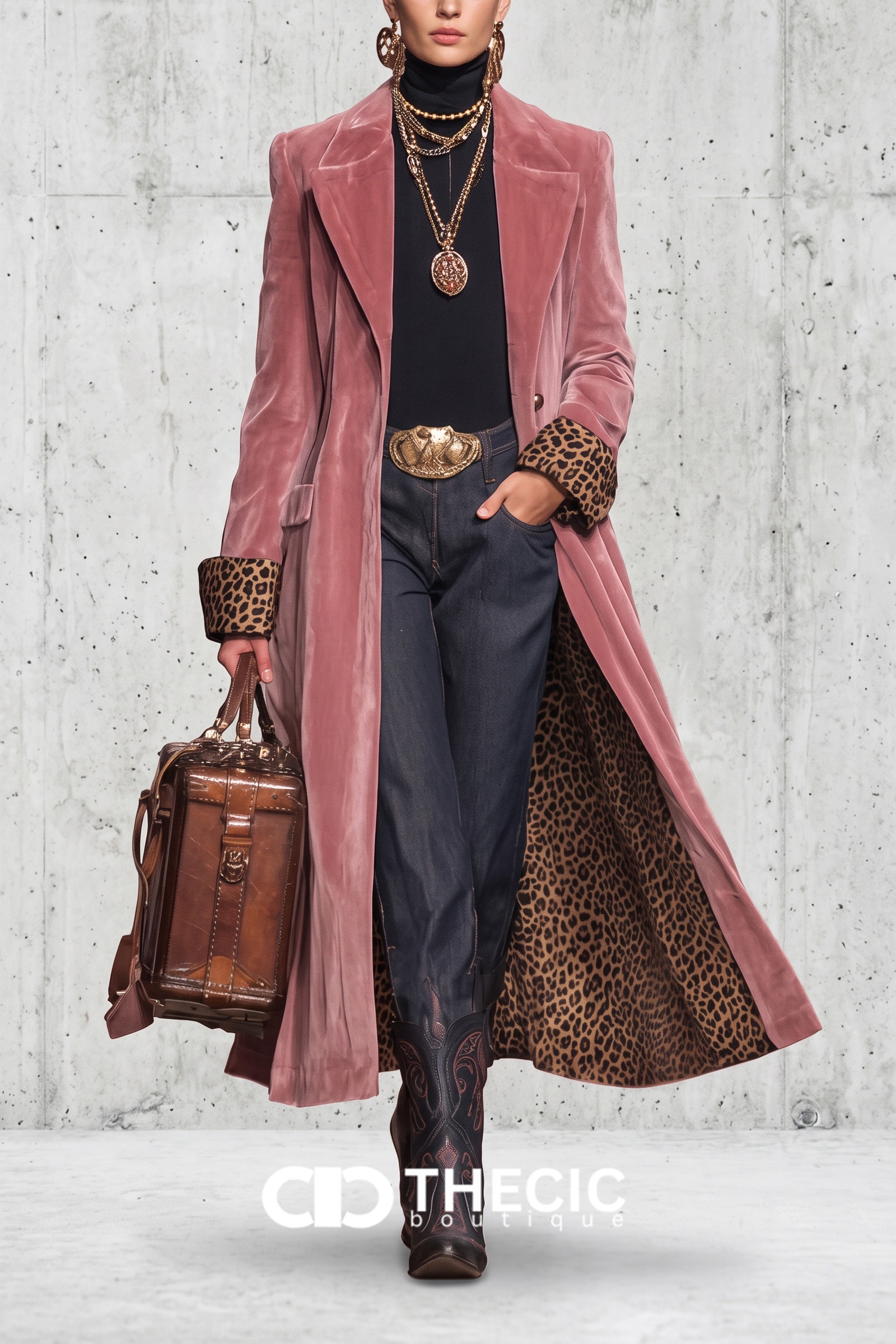 Velvet Leopard Cuff Longline Trench Coat
