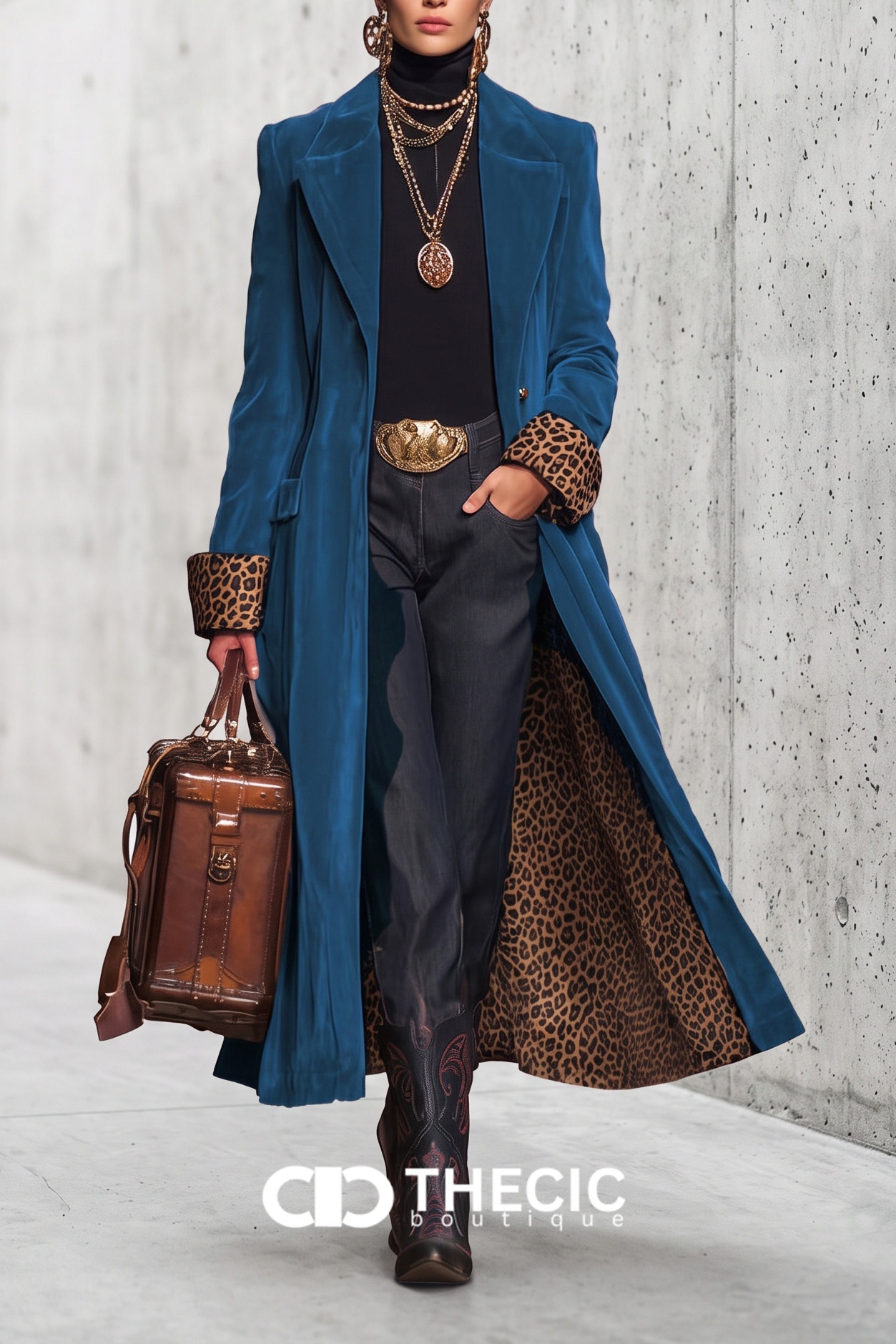Velvet Leopard Cuff Longline Trench Coat