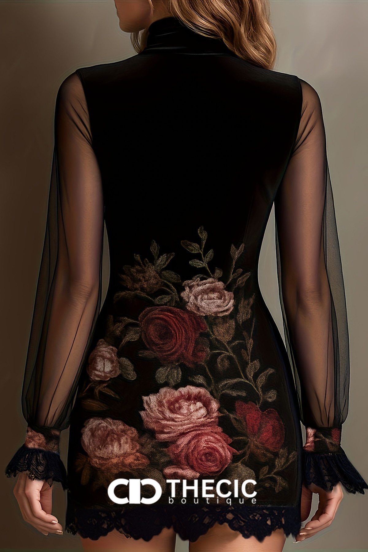 Velvet Mesh Mock Neck Mini Dress