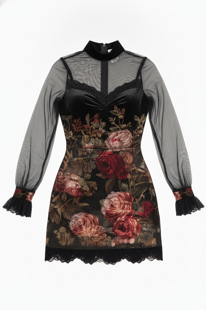 Velvet Mesh Mock Neck Mini Dress