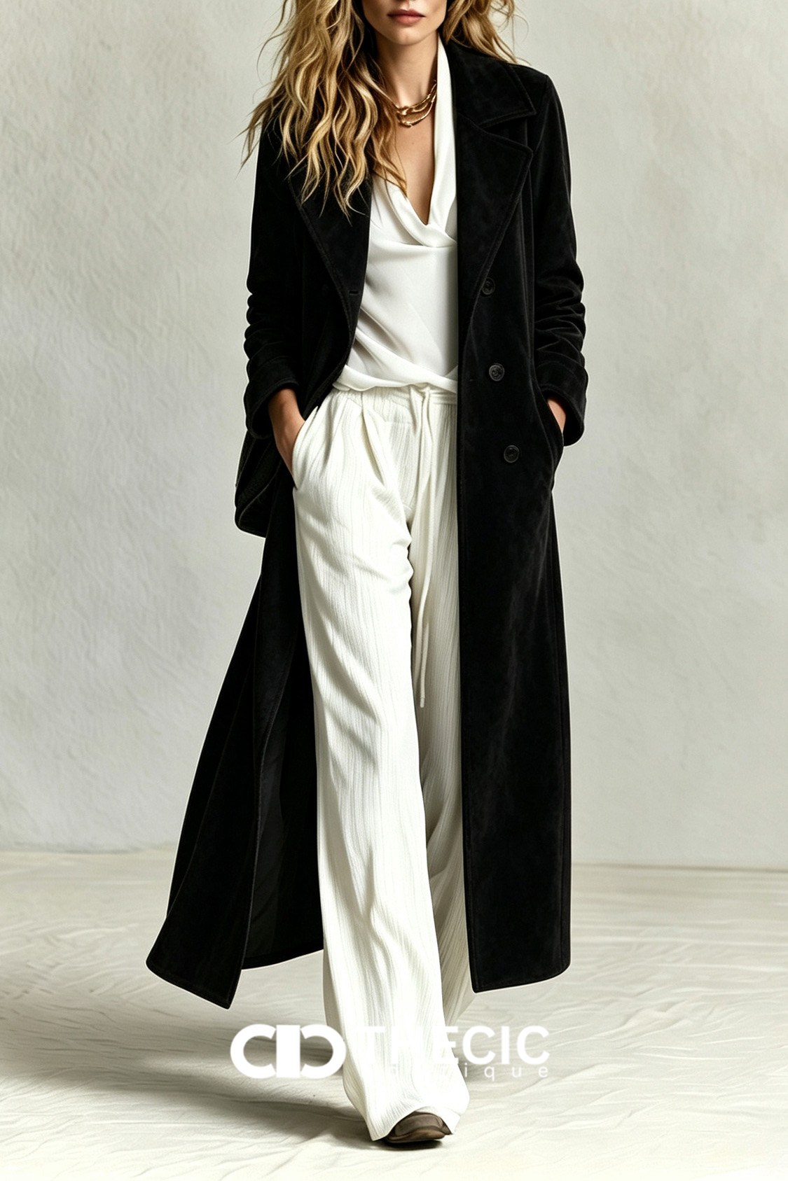 Velvet Notched Lapel Button-Front Duster Coat