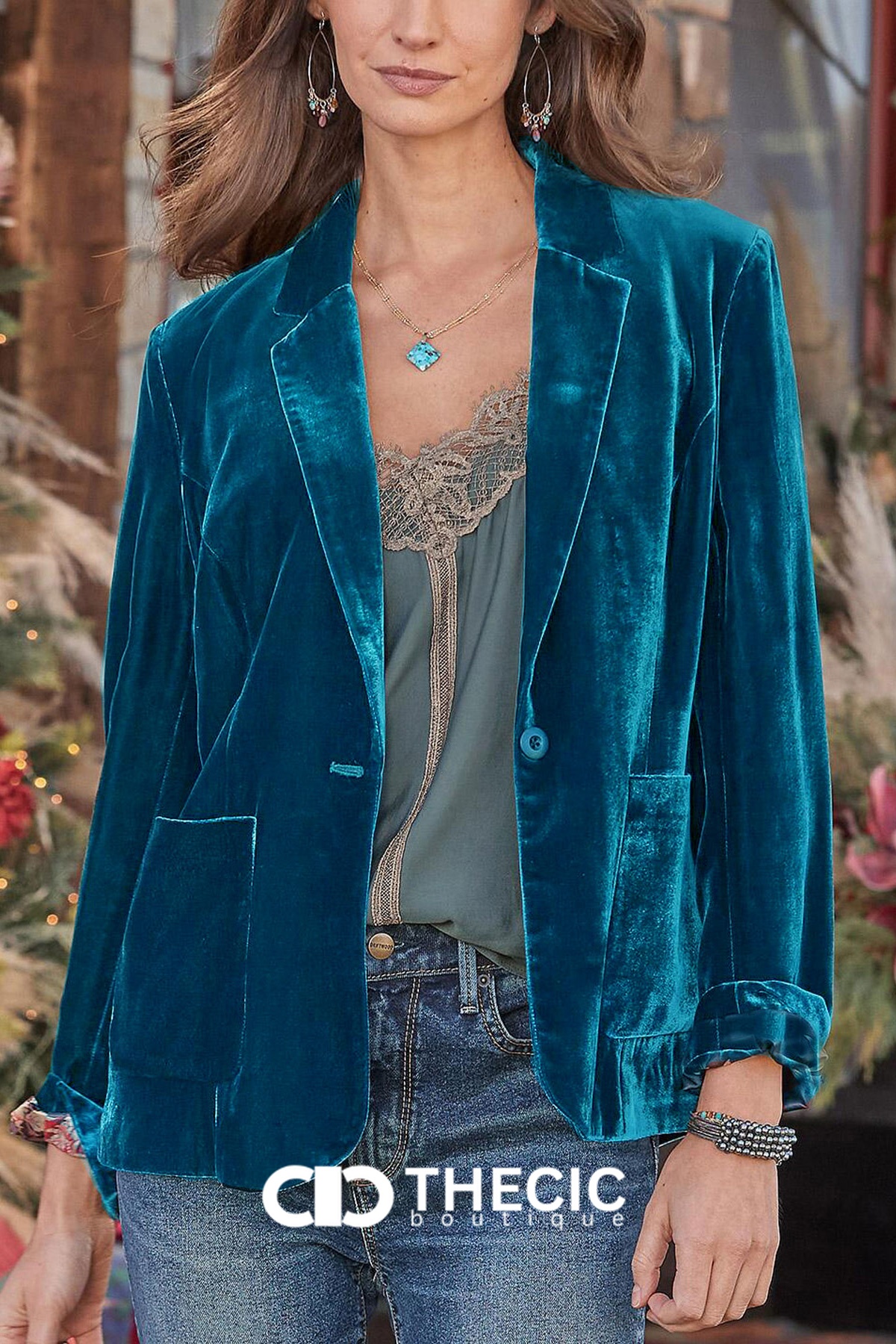 Velvet Notched Lapel Single-Button Blazer