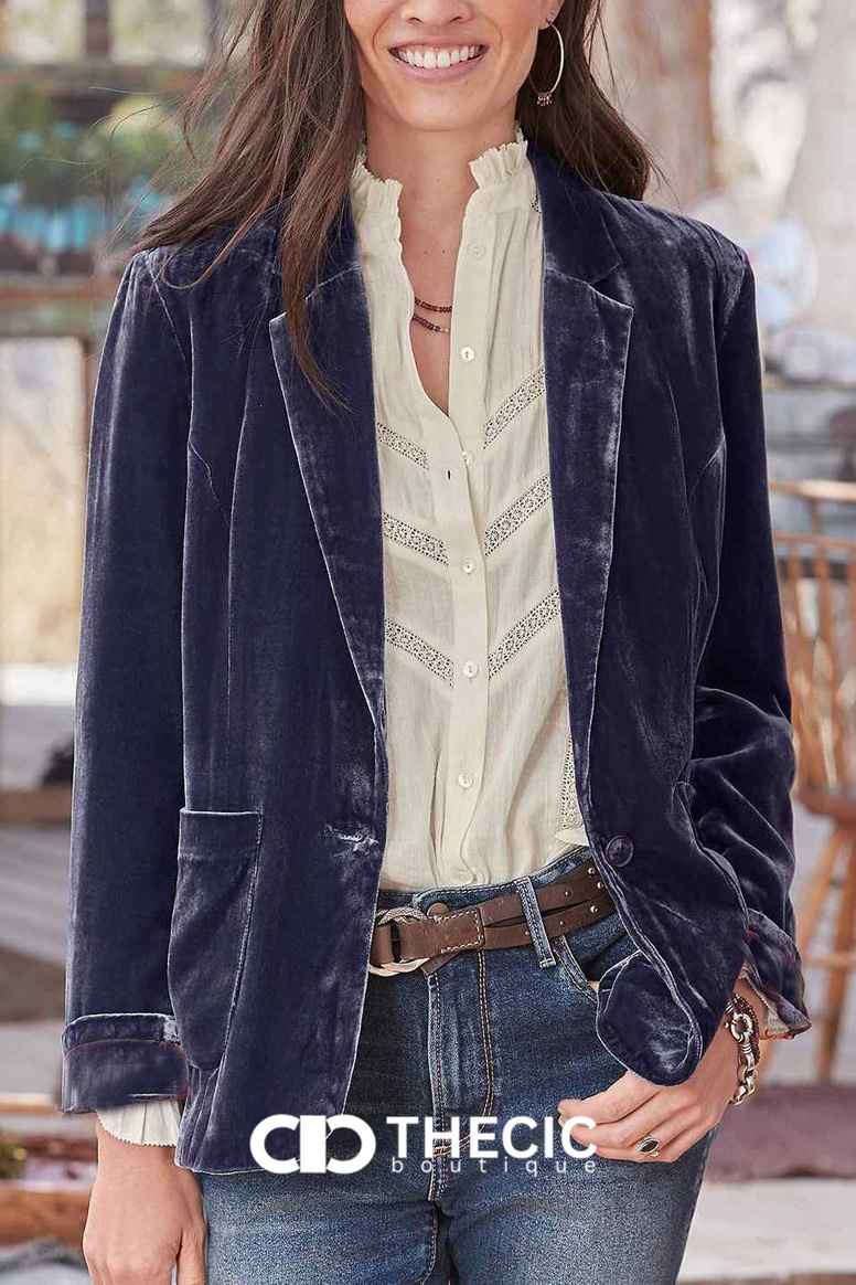 Velvet Notched Lapel Single-Button Blazer