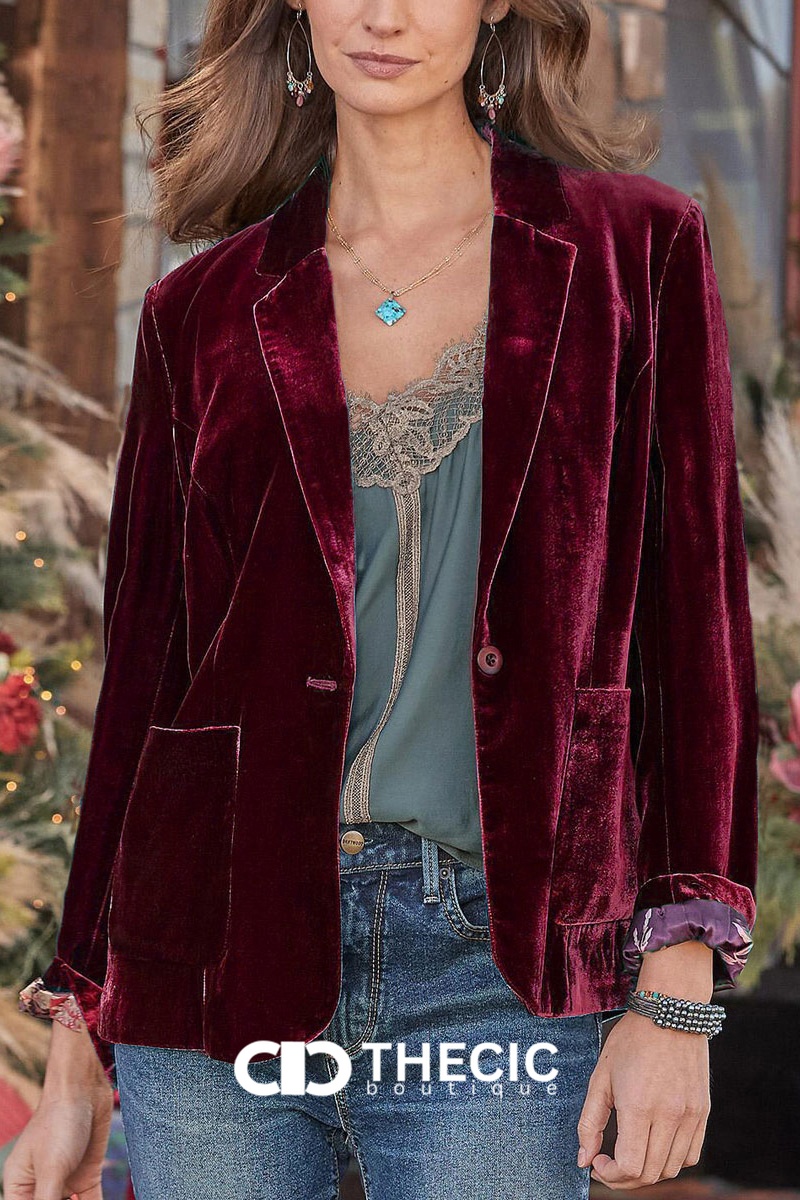 Velvet Notched Lapel Single-Button Blazer