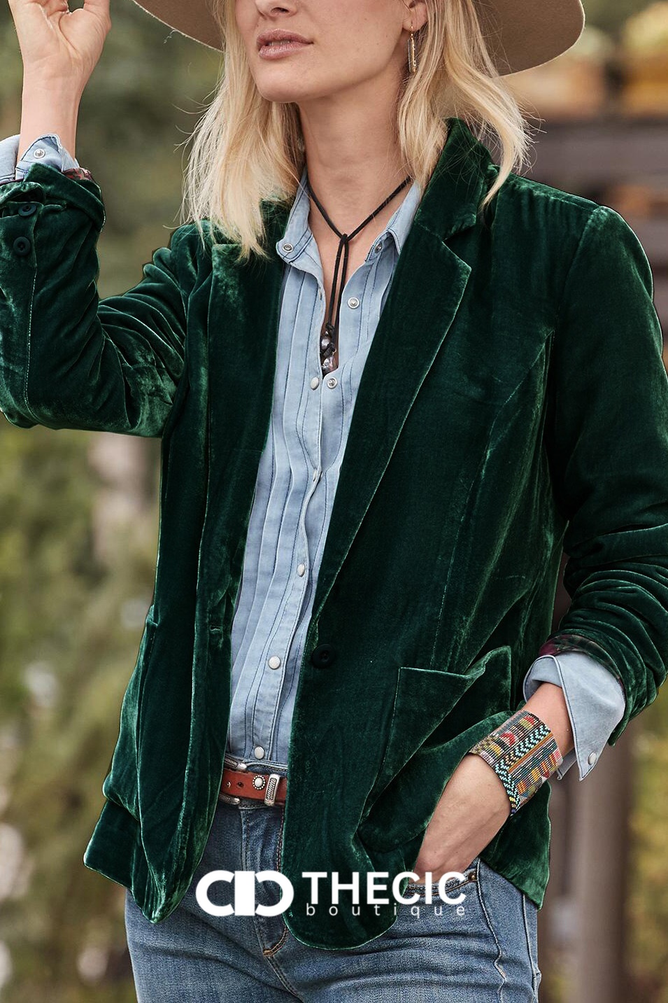 Velvet Notched Lapel Single-Button Blazer