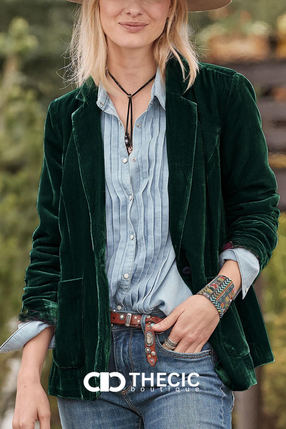 Velvet Notched Lapel Single-Button Blazer