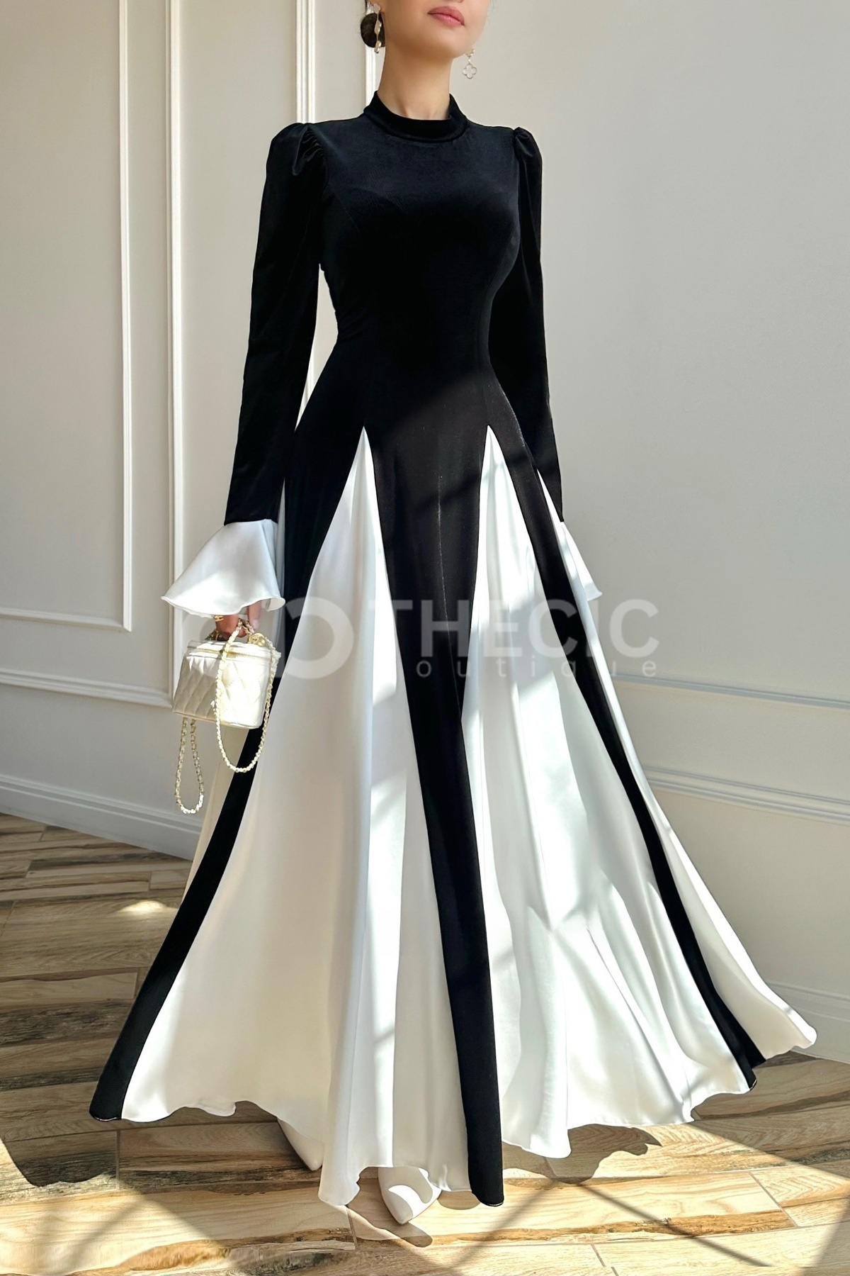 Velvet Panel Ruffle Cuff High Neck Maxi Dress