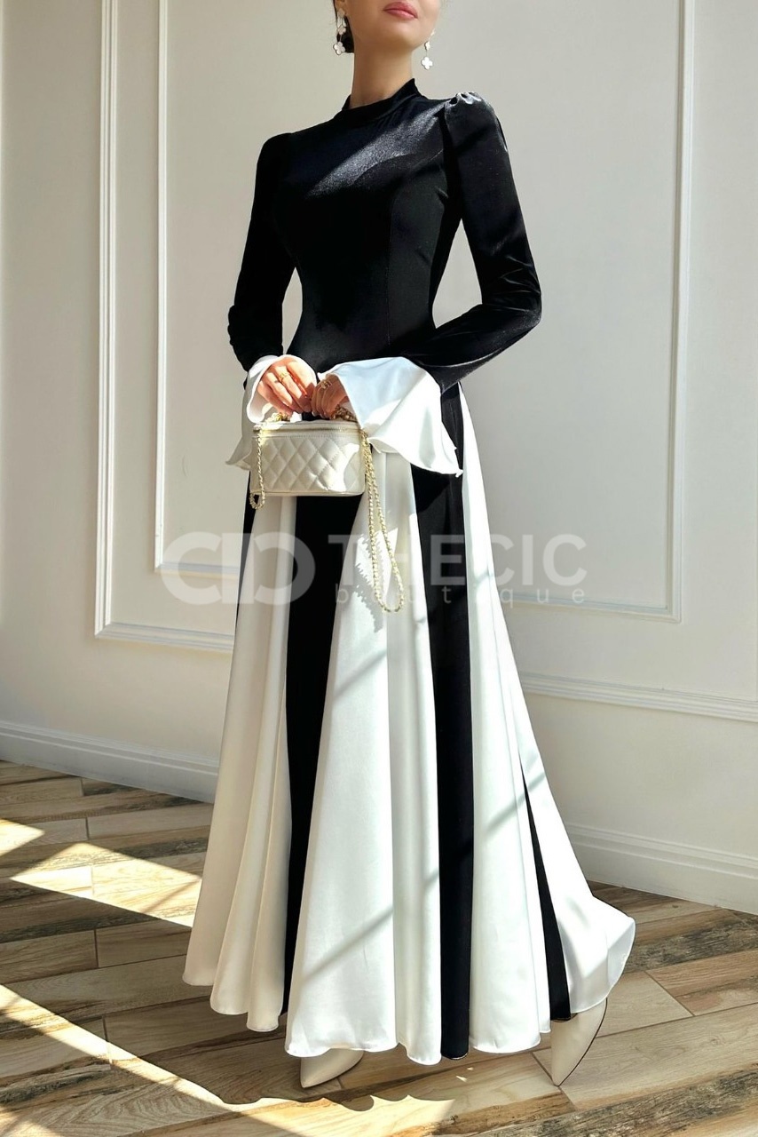 Velvet Panel Ruffle Cuff High Neck Maxi Dress