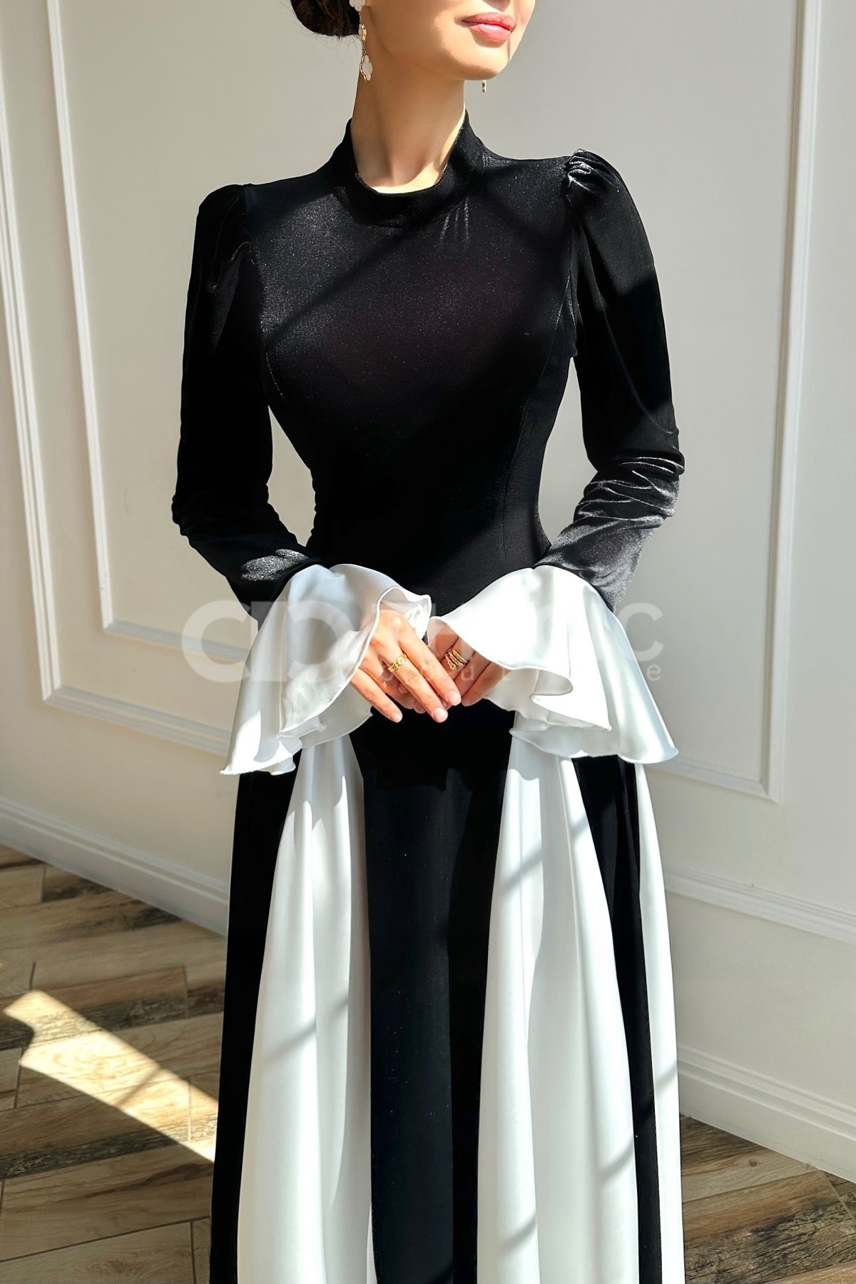 Velvet Panel Ruffle Cuff High Neck Maxi Dress