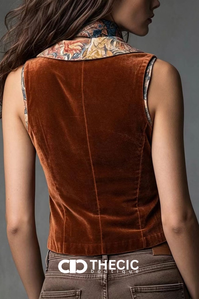 Velvet Patterned Shawl Collar Sleeveless Vest