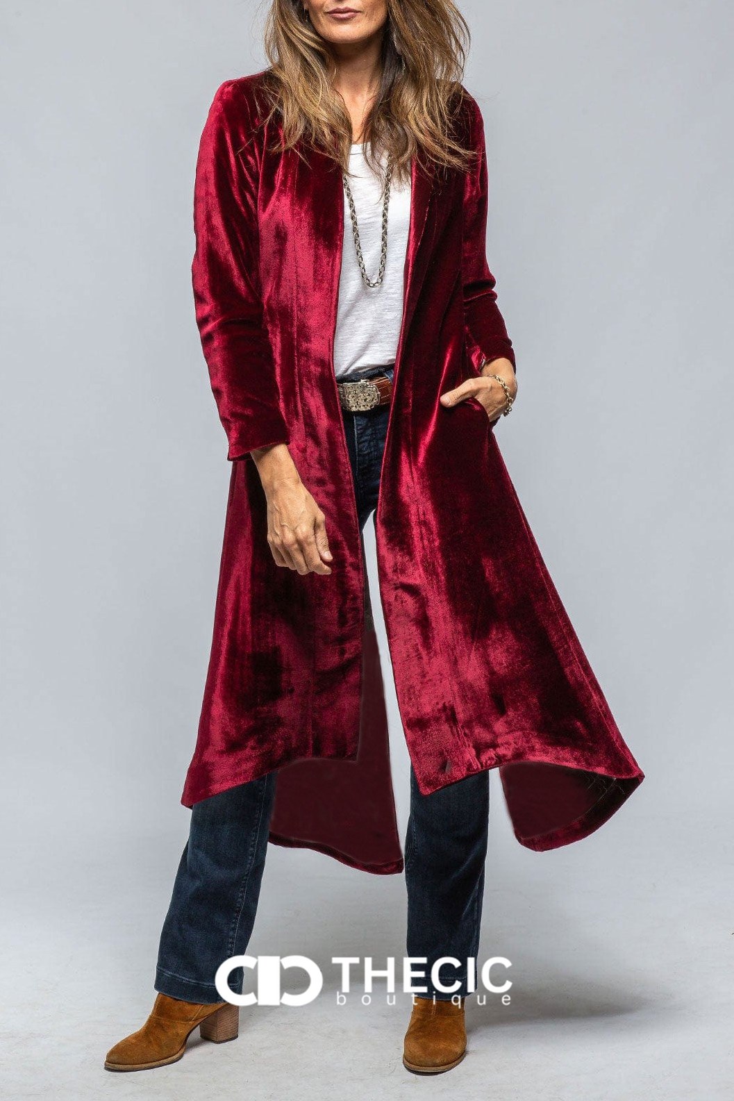 Velvet Split Back High-Low Hem Duster Coat