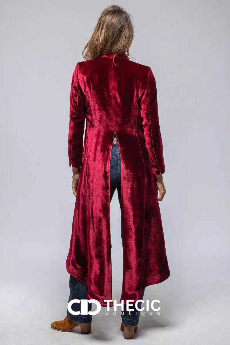 Velvet Split Back High-Low Hem Duster Coat