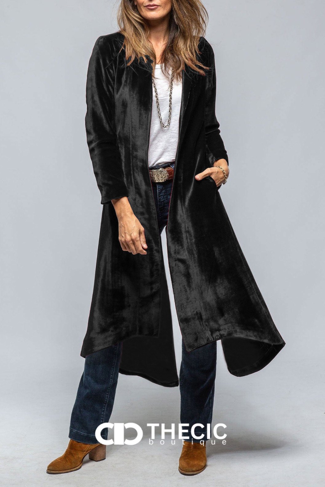 Velvet Split Back High-Low Hem Duster Coat
