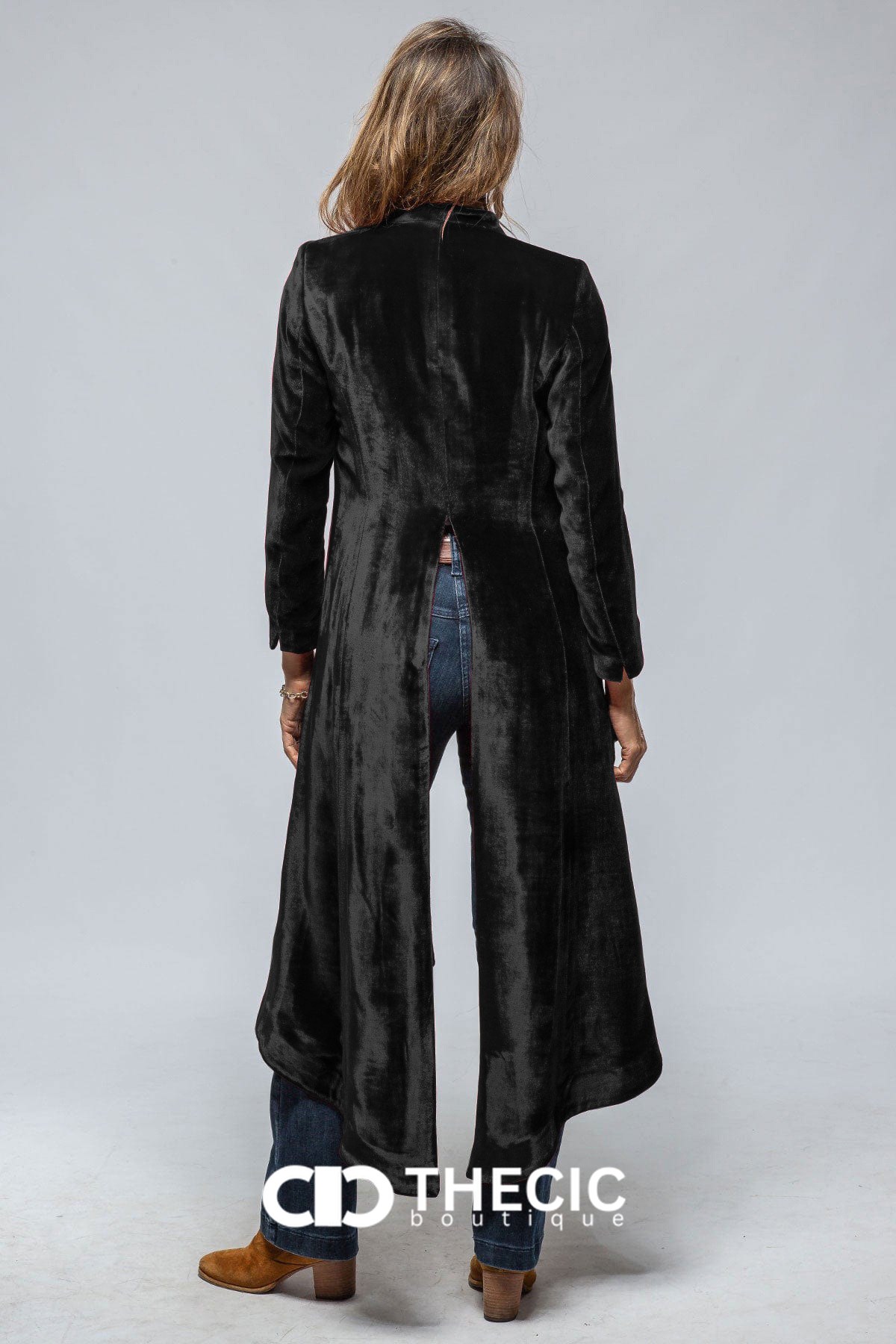 Velvet Split Back High-Low Hem Duster Coat