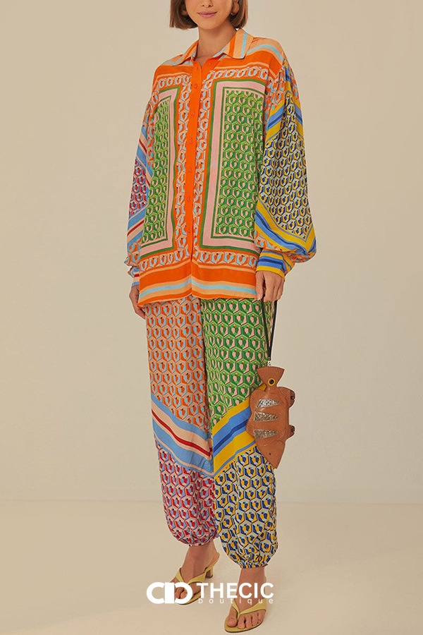 Vibrant Patchwork Print Collared Shirt and Pants Set