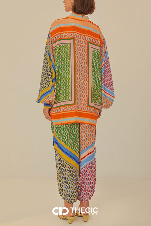 Vibrant Patchwork Print Collared Shirt and Pants Set