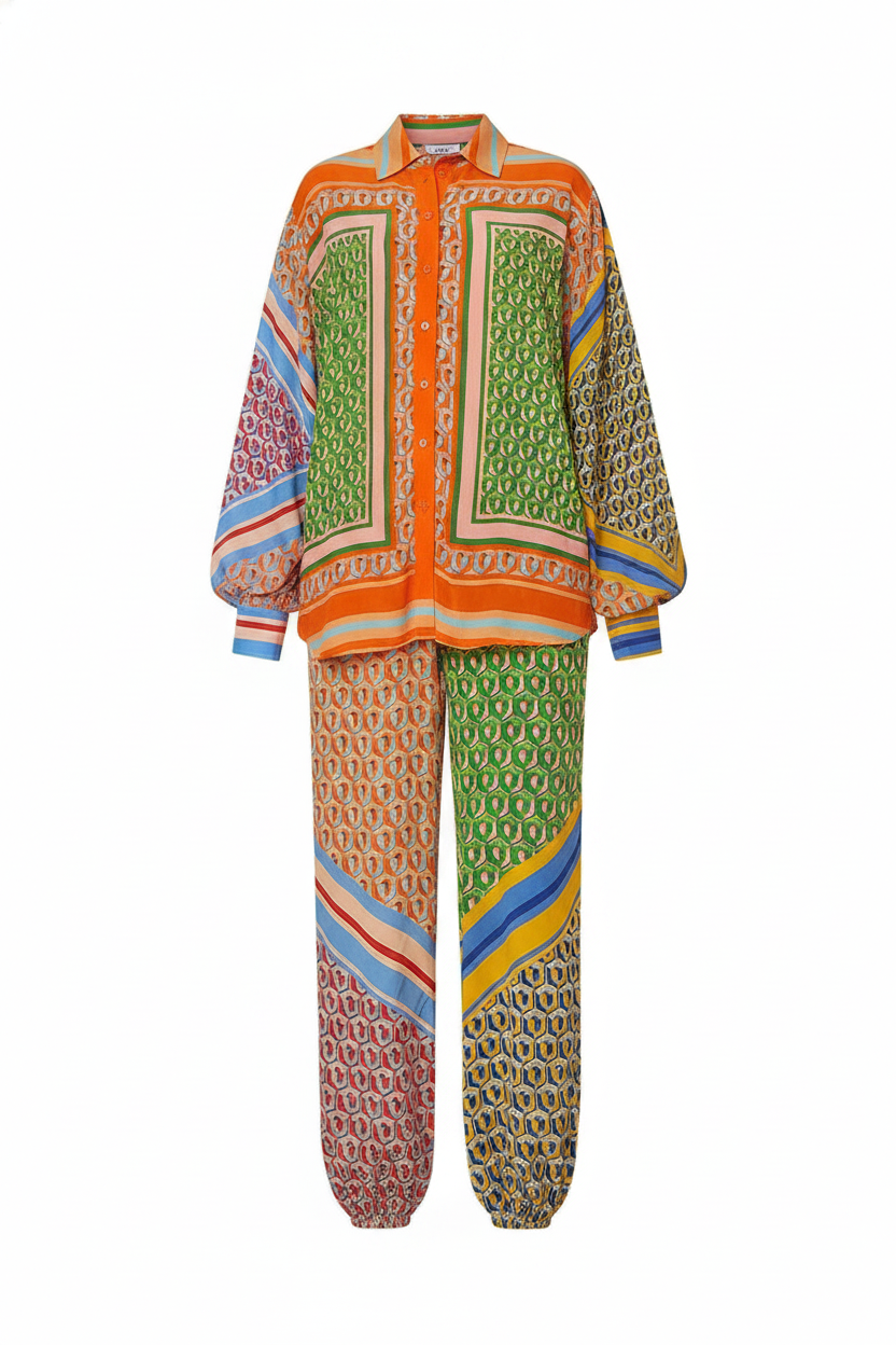 Vibrant Patchwork Print Collared Shirt and Pants Set
