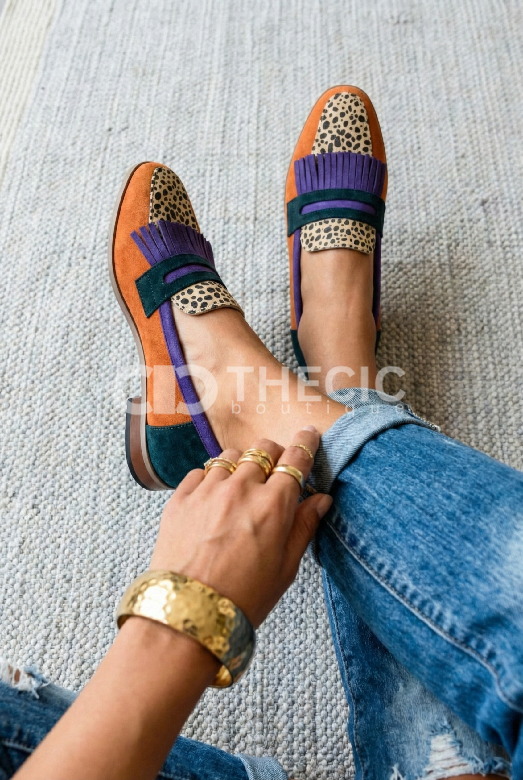 Vibrant Suede Fringe Leopard Print Loafers