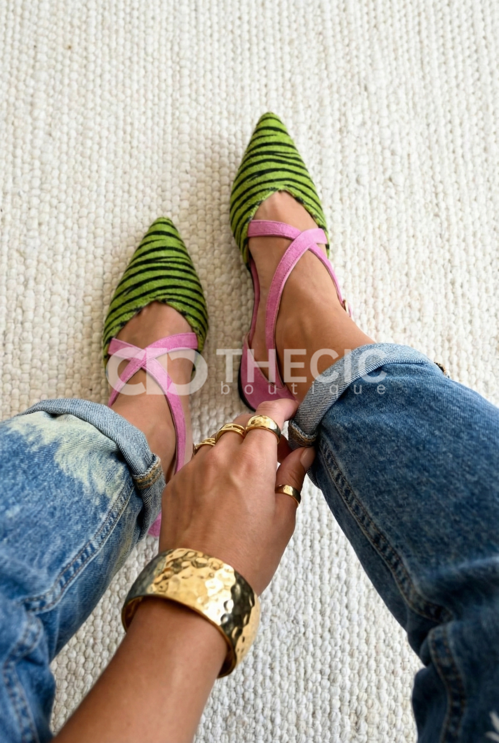 Vibrant Zebra Print Pointed-Toe Criss-Cross Strap Flats