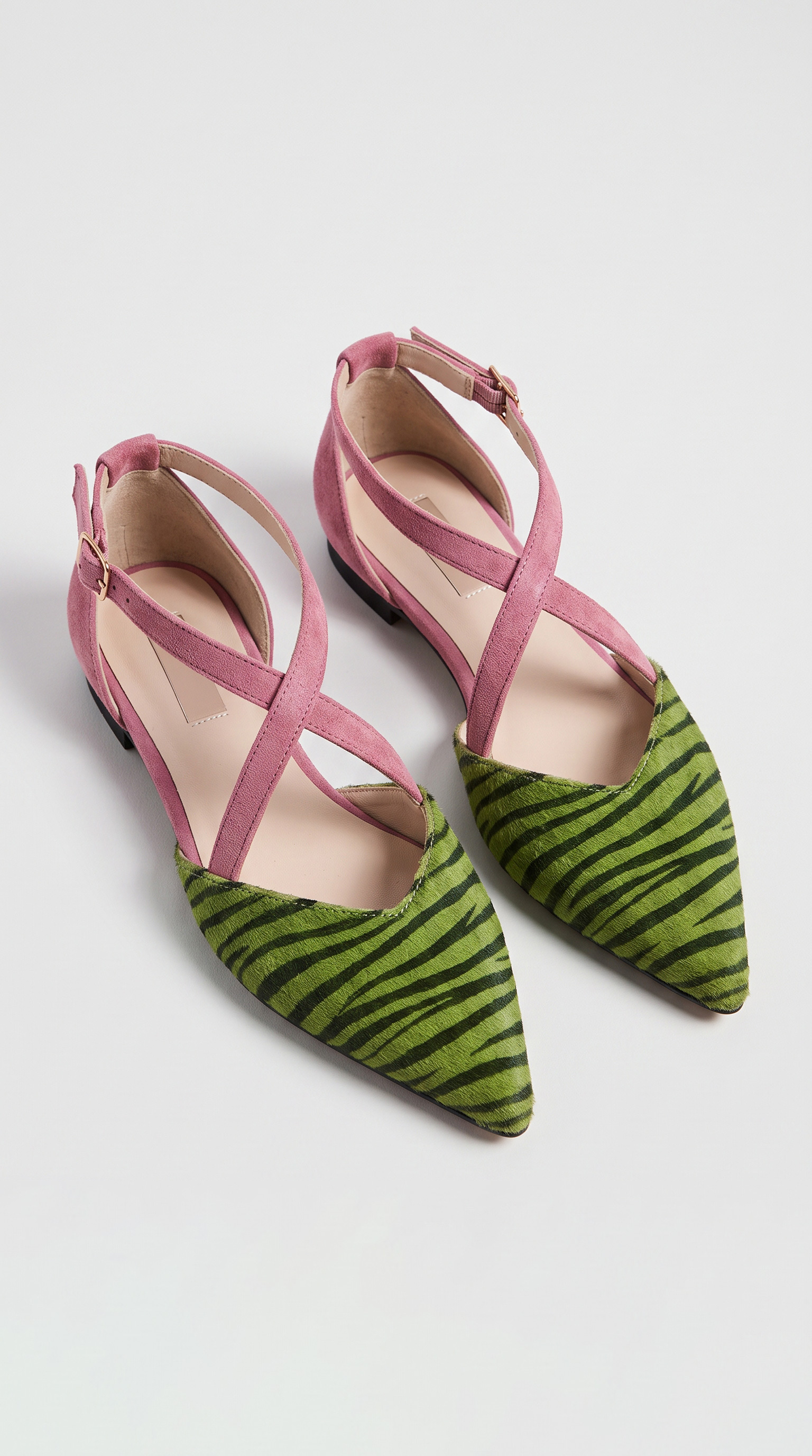 Vibrant Zebra Print Pointed-Toe Criss-Cross Strap Flats