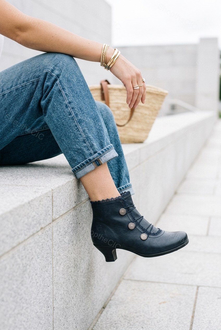 Victorian Button Trim Kitten Heel Ankle Boots