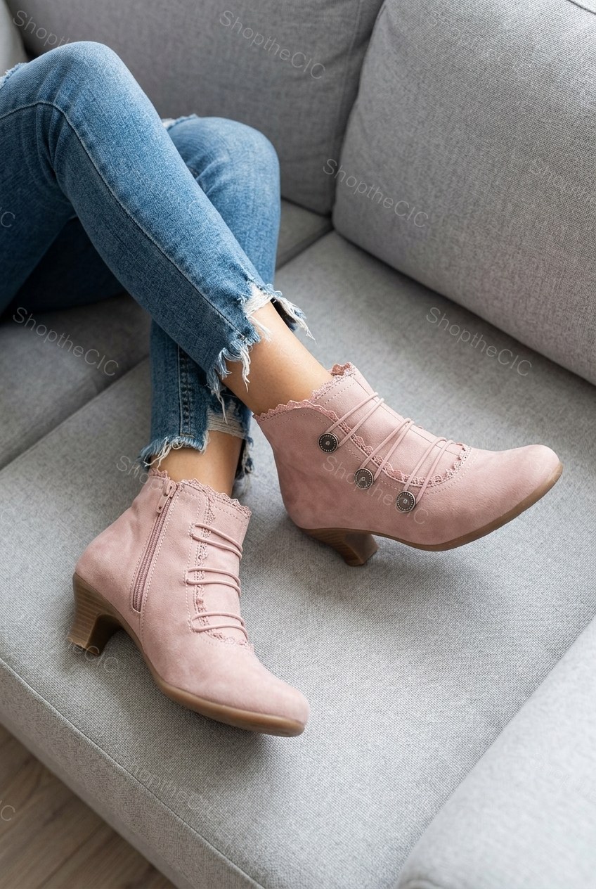 Victorian Button Trim Kitten Heel Ankle Boots
